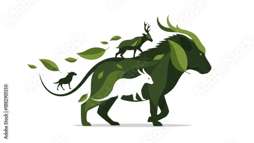 Green bull with deer and dog made of leaves and plants on white background eco friendly concept