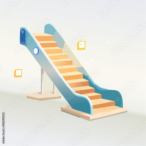 Escalator. Stairlift. Moving staircase. Vector illustration. Indoor. Building infrastructure. Staircase with handrail. Modern design. Isolated on white background.