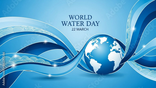 World water day globe with blue waves and sparkling water on light blue background