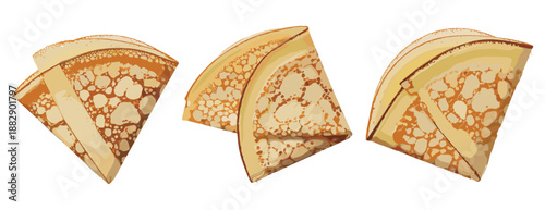 Three delicious crepes stacked on plate, sweet breakfast food, top view illustration