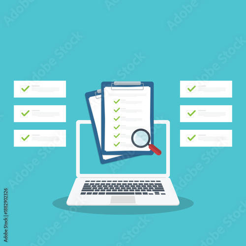 Document inspection. Online digital document inspection or assessment evaluation on laptop computer, contract review, analysis, inspection of agreement contract, compliance verification.	
