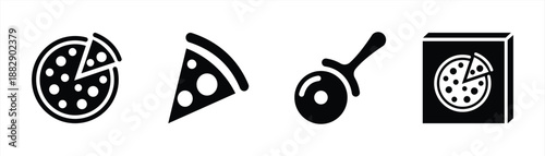 Pizza Icon Set with Slice Cutter and Box