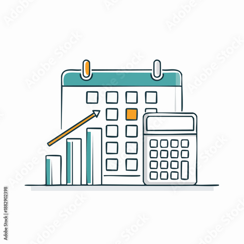 Business finance icons. Calendar, calculator, bar chart, and pencil. Line style illustration. Financial planning symbols. Vector graphics on white background.