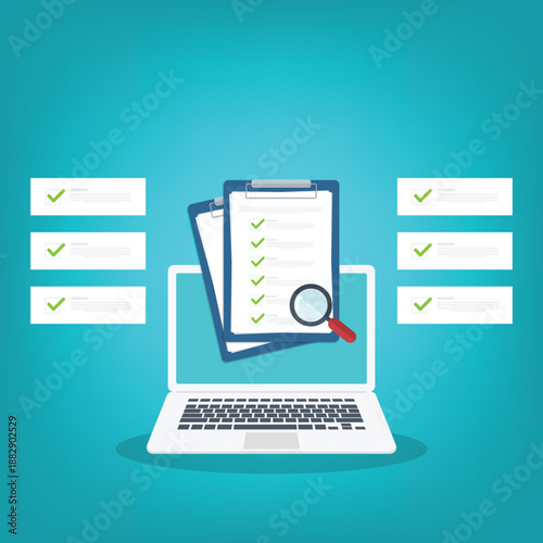 Document inspection. Online digital document inspection or assessment evaluation on laptop computer, contract review, analysis, inspection of agreement contract, compliance verification.	