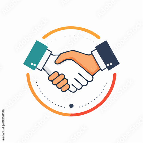 Handshake icon. Business partnership symbol. Vector illustration of two hands shaking. Agreement and cooperation sign. Orange and green color scheme. White background. Simple line style.