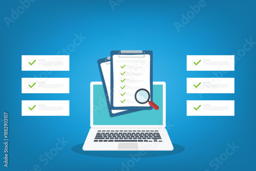 Document inspection. Online digital document inspection or assessment evaluation on laptop computer, contract review, analysis, inspection of agreement contract, compliance verification.	