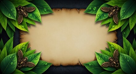 Empty paper with green leaves and bronze butterflies for nature theme