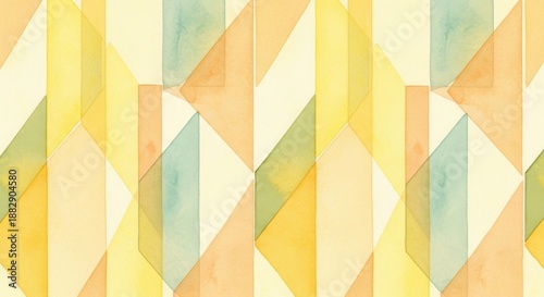Gentle watercolor geometric pattern with overlapping shapes in soft yellow and orange tones.