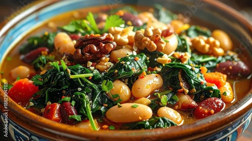 Close Up Shot of a Delicious Food Bowl Garnished with Vegetables Nuts and Beans