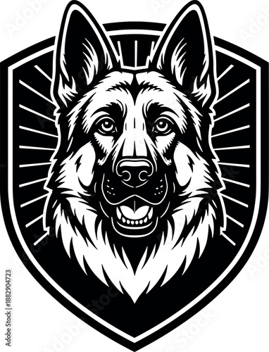 German Shepherd Head on Shield Vector Silhouette, Black and White Cricut Design