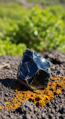 Shiny black obsidian rock sits on dark earth with green foliage in background.