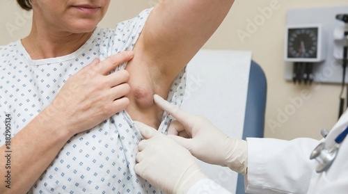 Doctor examining a large lump in a patient's armpit