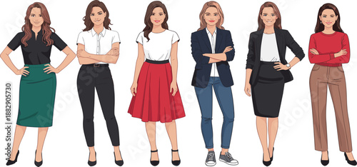 Diverse business women fashion character set, stylish professional ladies wearing smart casual office work attire outfits