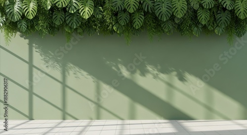 Green plant wall with window light shadows on plain background.