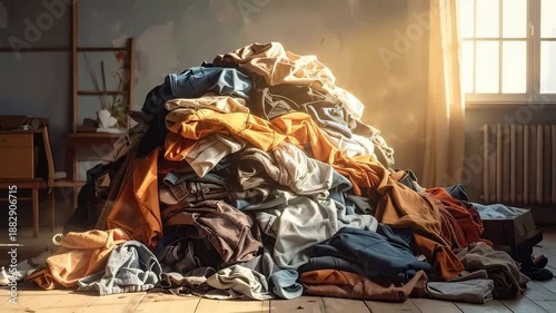 Pile of Colorful Clothes in an Empty Room with Natural Sunlight and Dusty Particles on a Wooden Floor