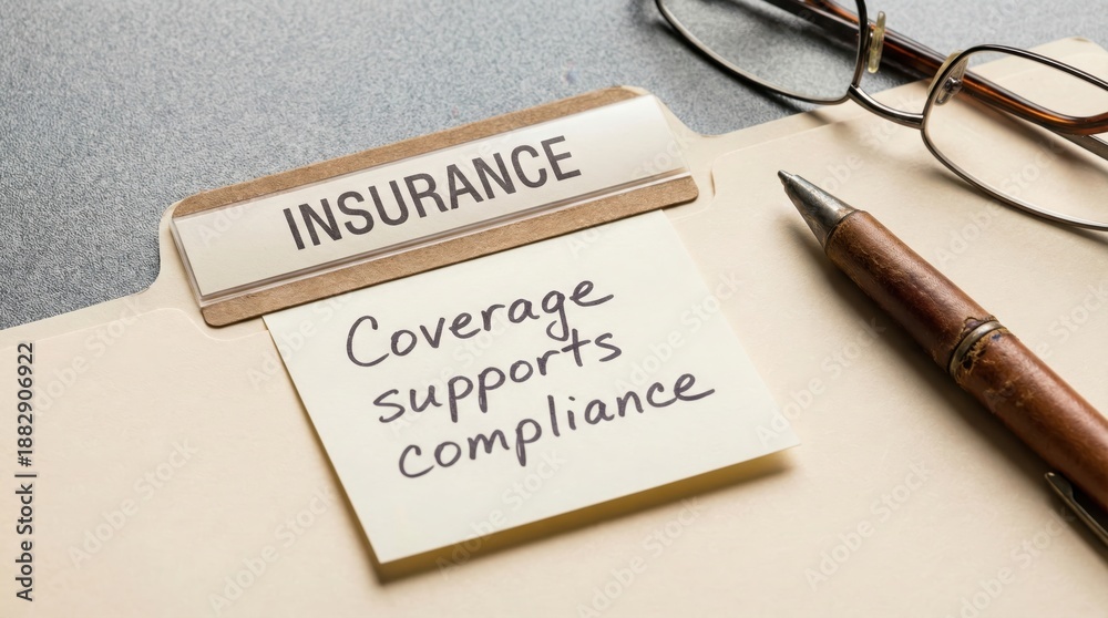 Fototapeta premium Insurance Coverage Supports Compliance Document on Desk