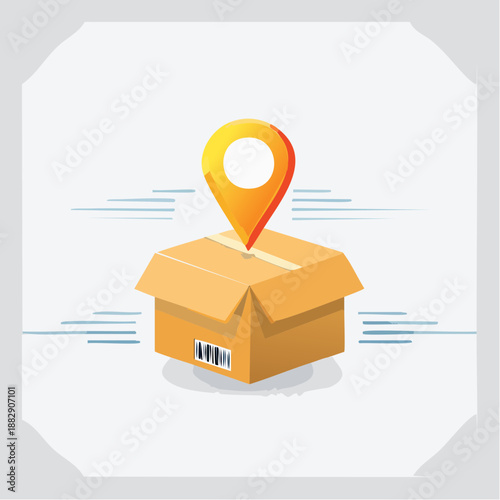 Package delivery icon. Shipping box with location pin. Vector illustration of parcel box. Delivery symbol. Logistics icon set. Tracking pin. Box with barcode. Fast delivery. Location