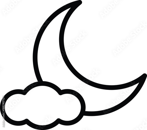 Crescent moon illustration floating above cloud, symbolizing serenity and peacefulness in a simple graphic design.