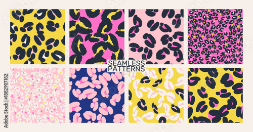 Seamless leopard print pattern set in modern color palette. Abstract animal skin textures with bold spots in pink, black and yellow tones. Minimal vector backgrounds for fashion, textiles 