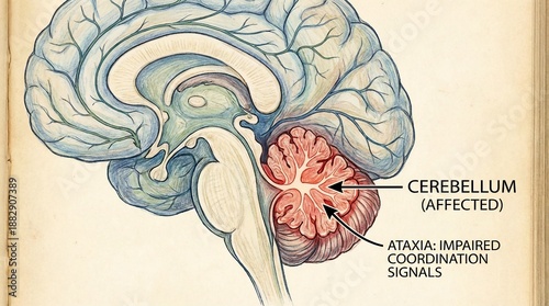 Anatomical illustration of human brain showing cerebellum affected by ataxia