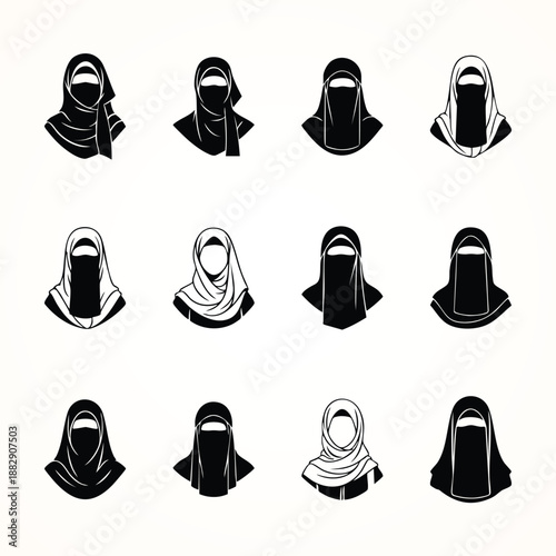 Islamic Muslim Woman Hijab and Niqab Vector Icon Set for Modest Fashion and Culture