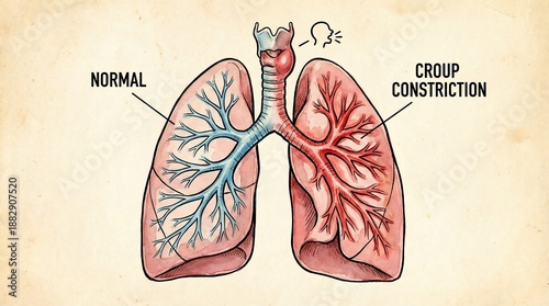 Medical illustration comparing normal airway and croup constriction in lungs