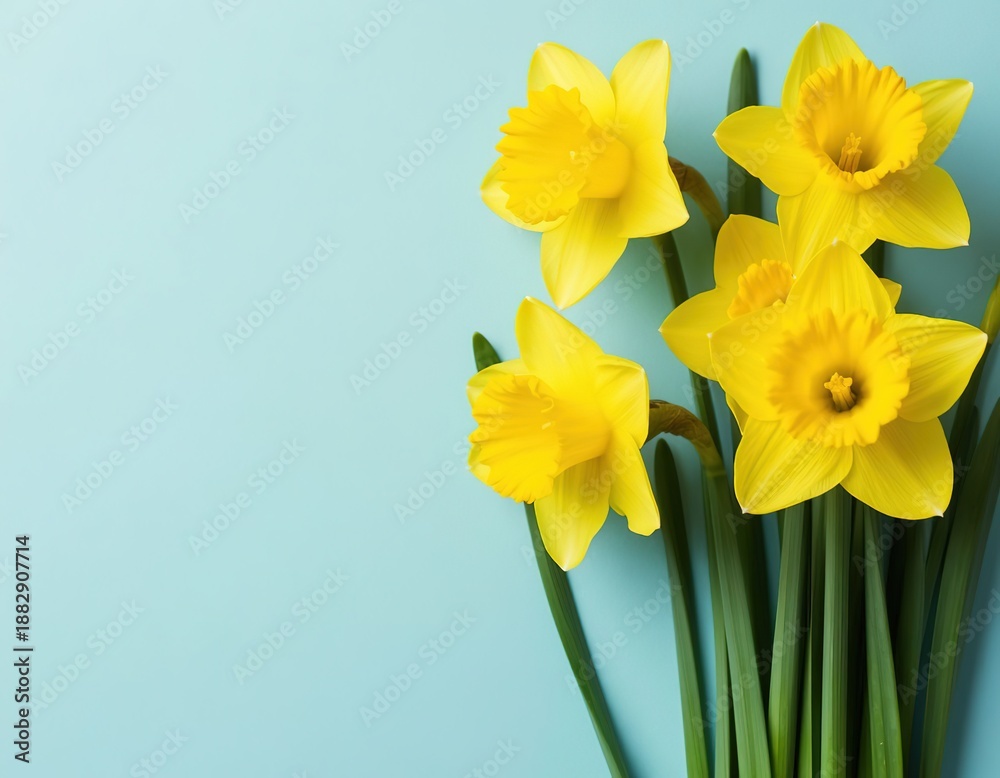 Fototapeta premium Yellow daffodils on a blue background. Spring floral background with space for text. Template for an Easter card or banner