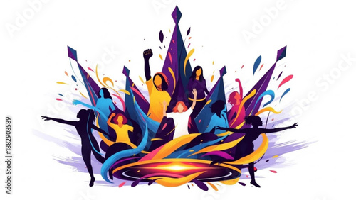 Vibrant illustration of diverse people dancing together in joy colorful abstract background with dynamic movements and expressive silhouettes