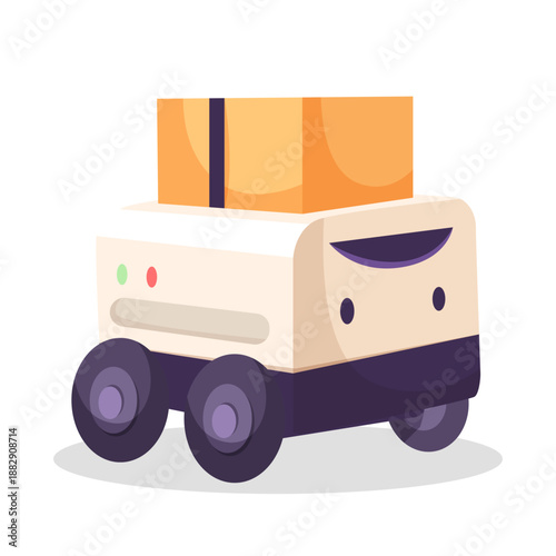 Cartoon-style delivery robot with wheels and package on top, smiling face expression, isolated on white background. Concept of logistics. Vector illustration