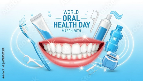 World oral health day illustration with smiling mouth and dental hygiene tools