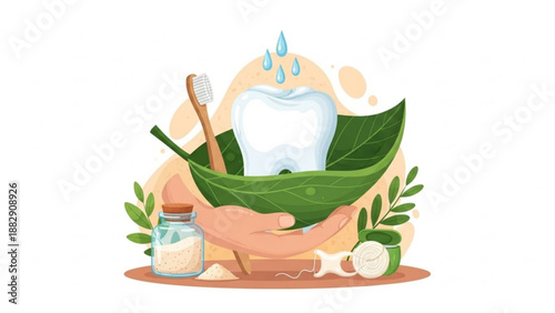 Hand holding green leaf bowl with toothbrush tooth and natural dental care products on a table