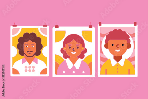 Cute female portrait photo frame illustration set with smiling women characters