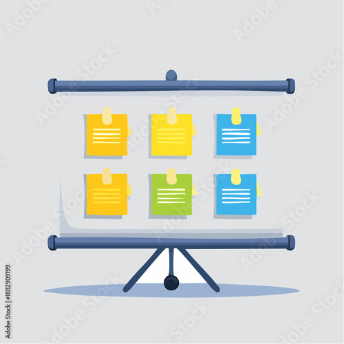 Sticky note organizer. Colorful sticky notes on clipboard. Office supply. Stationery set. Vector illustration. Desk organization tool. Note pad holder. White background.