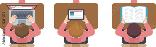 Top view students studying with laptop, tablet and book, flat vector characters learning at desk workspace