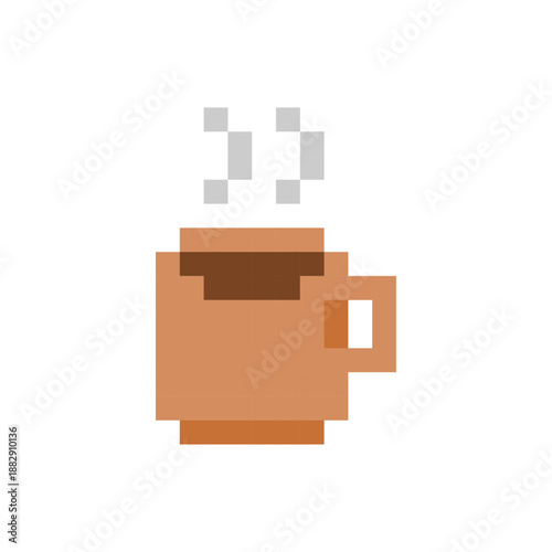 Pixel art icon of a coffee or tea cup in retro 8-bit style. Pixelated hot beverage with steam. Ideal for apps, games, user interfaces, cafes, and digital design projects. Vector