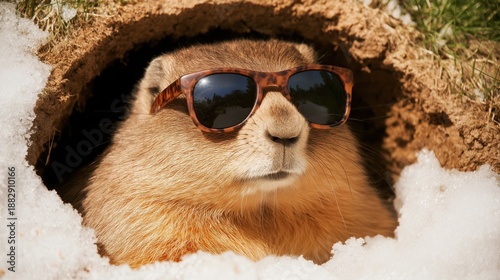 Groundhog wearing stylish sunglasses is peeking out from its burrow surrounded by melting snow and fresh grass, enjoying a sunny day in early spring with bright sunlight illuminating the scene