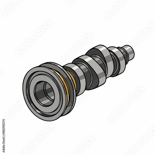 Camshaft illustration, critical mechanical engine component showing precision lobes and central shaft. Essential camshaft controls valve timing in internal combustion engines.