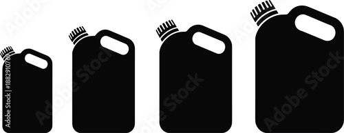 Black plastic canister icon set, fuel oil gallon jug silhouettes in different sizes, chemical container vector illustration