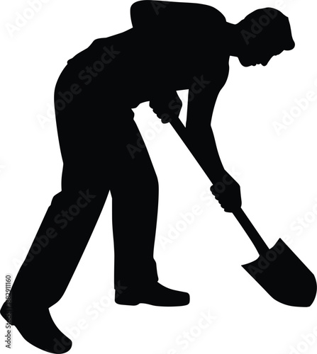 Construction worker digging with shovel black silhouette vector, male laborer manual work on building site background