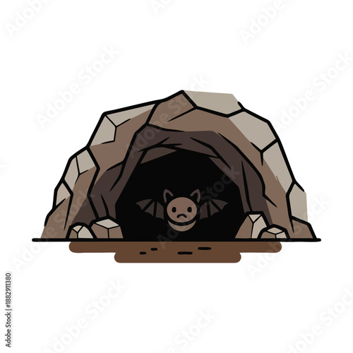 A cartoon bat peeking out from a cave with a rocky exterior and brown interior on a white background with a simple graphic design.