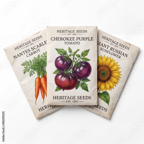 Colorful paper vegetable and flower seed packets isolated on white.