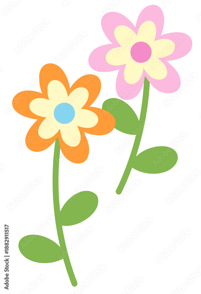 Naklejka premium Pastel flowers with green leaves for nature, garden, tree, plants, blossom, blooming, park, picnic, home yard, sticker, cartoon, floral print, decoration, patch, brooch, pin, tattoo, icon
