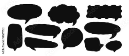 Comic speech bubbles with retro halftone dots. Empty cartoon frames for text, dialog boxes, and callouts. Vector set with bold black outlines in classic pop art style.