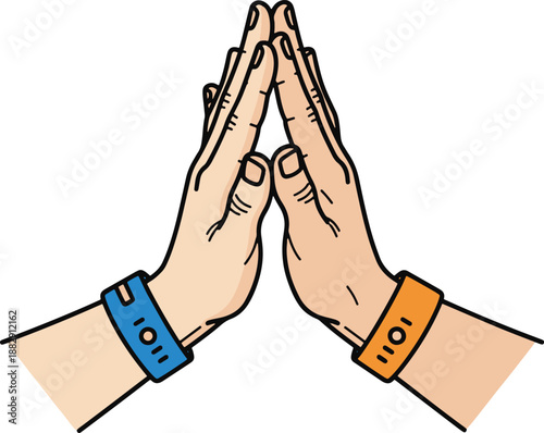 Hands with colorful wristbands in prayer gesture
