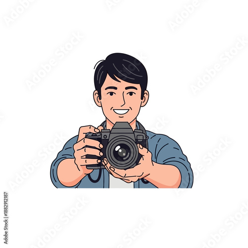 Smiling Man Holding DSLR Camera, Ready to Shoot