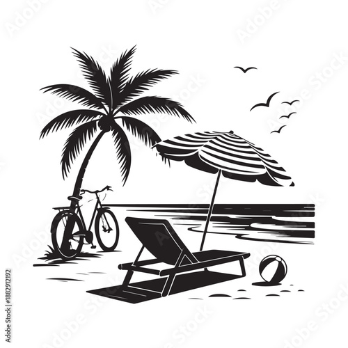 Beach chair umbrella silhouette with palm tree summer vacation illustration