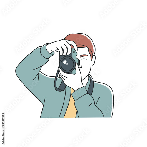 Man taking photo with DSLR camera, illustration, creative hobby, professional photographer