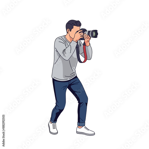Man Photographer Taking Photo with DSLR Camera, Isolated on White Background