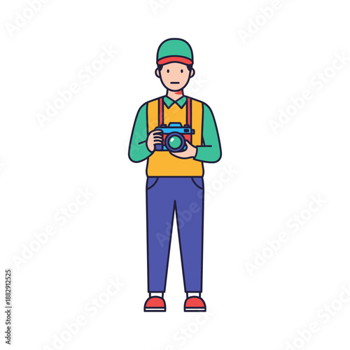 Photographer Holding Camera, Flat Illustration