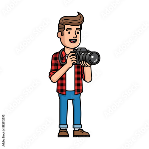 Cartoon Photographer Holding Camera, Capturing Shot, Lifestyle Hobby Vector